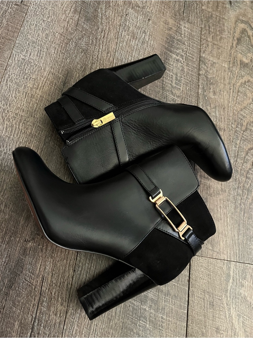 Isola Black Leather & Suede Ankle Booties with Gold Buckle